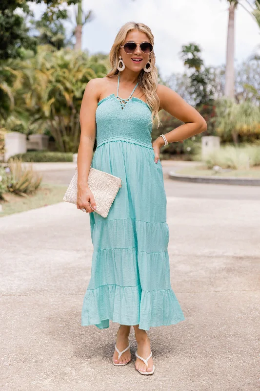 Pretty And Poised Aqua Halter Midi Dress FINAL SALE