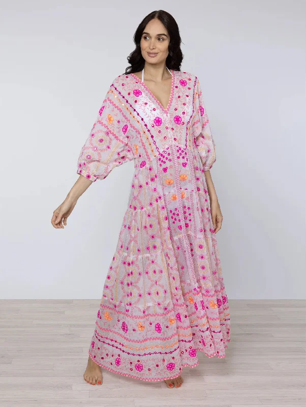 V-Neck Loose Maxi Mirrors Dress in Pink Multi